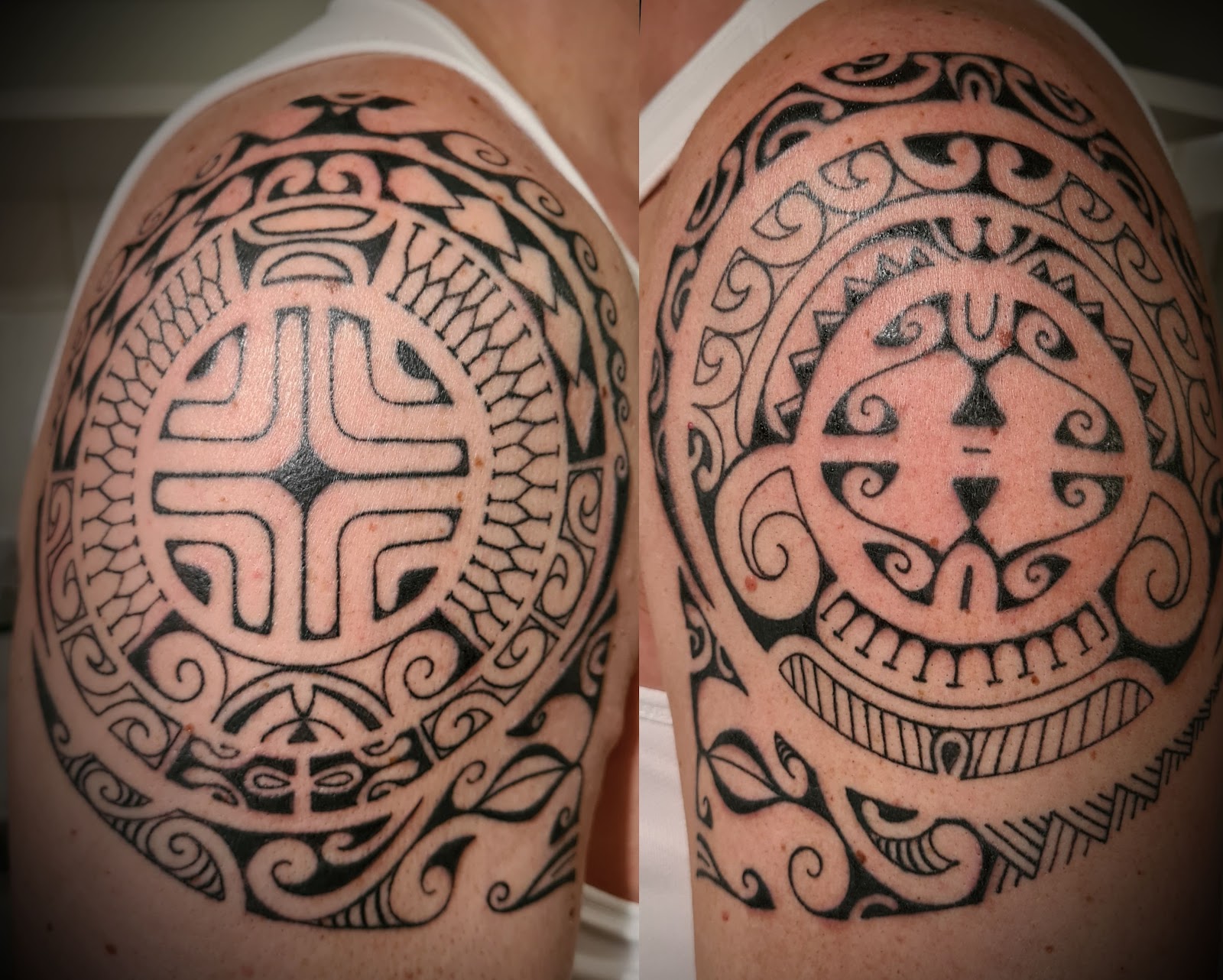 Tatouage polynesien Maori sur les deux epaules - motifs tribaux et symboles traditionnels par Yves Guisolan